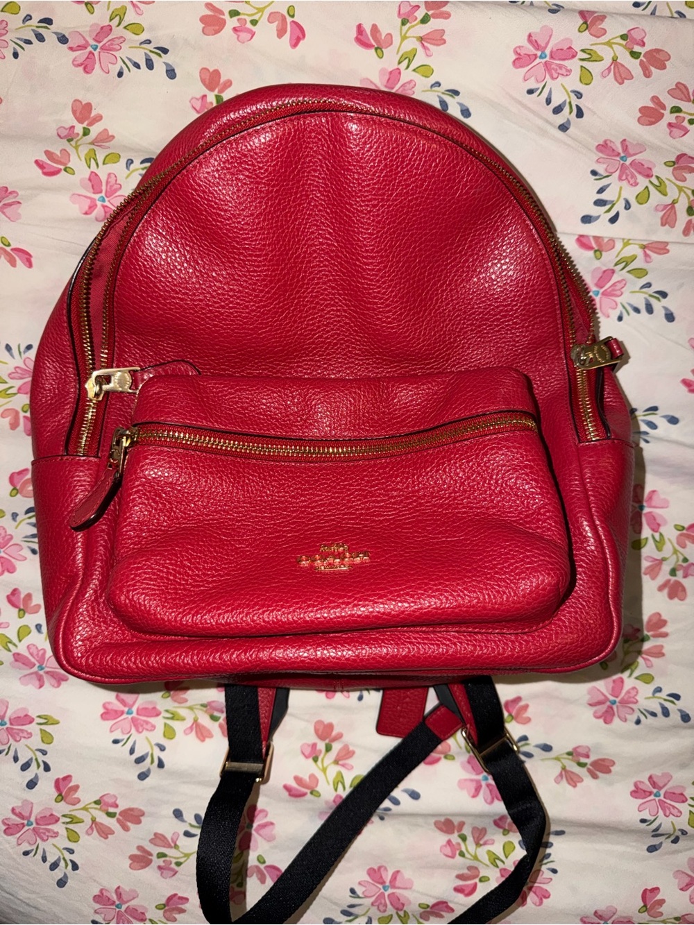 Coach Pebbled Leather Red Backpack with Gold Hardware